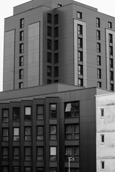 building, apartment building, architecture, city, cityscape, town, urban, high-rise building, apartment, downtown, black and white