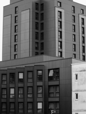 building, apartment building, architecture, city, cityscape, town, urban, high-rise building, apartment, downtown, black and white