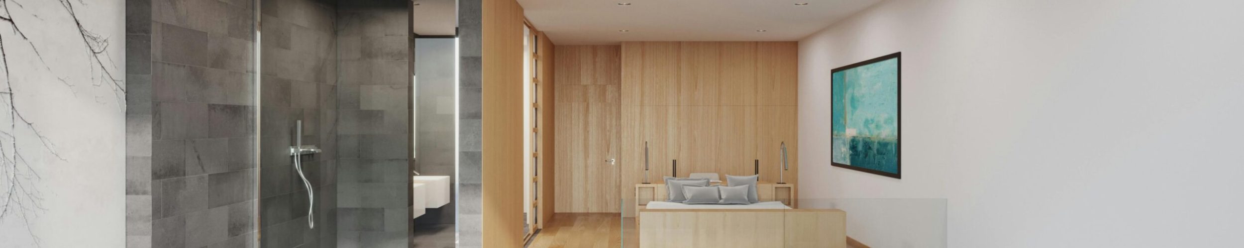 Sophisticated modern apartment interior showcasing minimalist luxury design, featuring open plan living with bathtub and elegant furnishings.